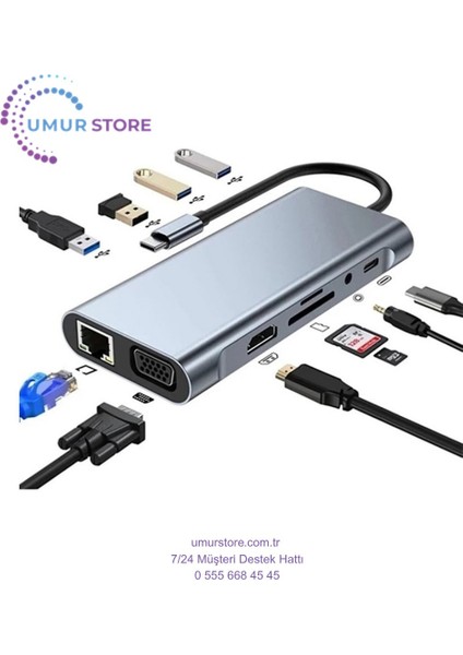 Macbook Pro Air Type-C Çevirici Dönüştürücü Çoklayıcı Pd Şarj Hdmı Sd Network VGA Girişli 11 In 1