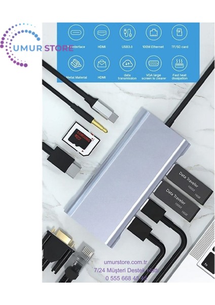 Macbook Pro Air Type-C Çevirici Dönüştürücü Çoklayıcı Pd Şarj Hdmı Sd Network VGA Girişli 11 In 1 fiyatları