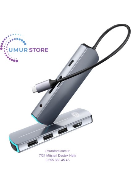 Type-C To (4K/60Hz UHD HDMI 3xusb 3.0 Tf/microsd 3.5mm Ses Çıkışı USB Type-C Pd 60W) 8in1 Hub Dönüştürücü Çevirici Adaptör