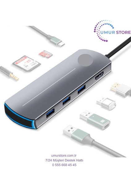 Type-C To (4K/60Hz UHD HDMI 3xusb 3.0 Tf/microsd 3.5mm Ses Çıkışı USB Type-C Pd 60W) 8in1 Hub Dönüştürücü Çevirici Adaptör fiyatları
