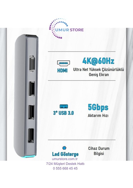 Type-C To (4K/60Hz UHD HDMI 3xusb 3.0 Tf/microsd 3.5mm Ses Çıkışı USB Type-C Pd 60W) 8in1 Hub Dönüştürücü Çevirici Adaptör fırsatları