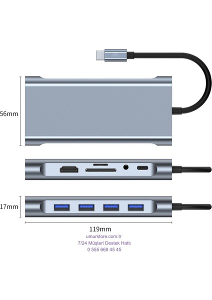 11IN1 Hub Type-C To 4K Hdmi/usba 3.0/tf Sd/vga/3.5mm Aux/pd ŞARJ/RJ45 Ethernet Dönüştürücü Adaptör WNE0059 fiyatları