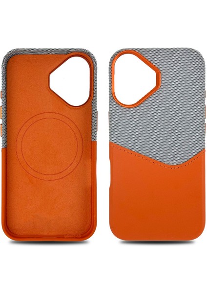 iPhone 16 Uyumlu Kumaş ve Deri Kaplamalı Kartlıklı Metal Kamera Detaylı Sahra Kılıf