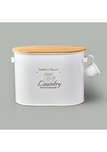 Bath 2 Bölmeli Ahşap Kapaklı Metal Deterjan Kutusu - Beyaz - 12 Lt fiyatları