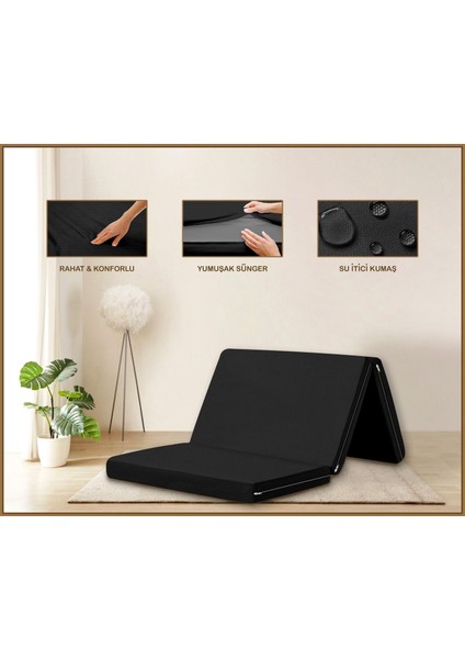 Evim Canvas Siyah Fermuarlı Katlanabilir Yer Yatağı Yer Minderi 6cm