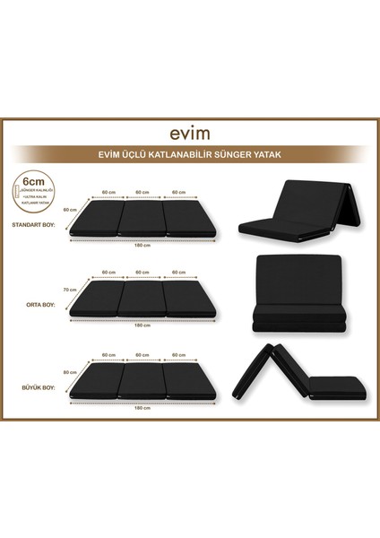 Evim Canvas Siyah Fermuarlı Katlanabilir Yer Yatağı Yer Minderi 6cm indirimleri