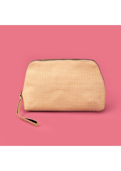 Hasır Görünümlü Pvc Kozmetik Çantası - Bej - 16X23 cm