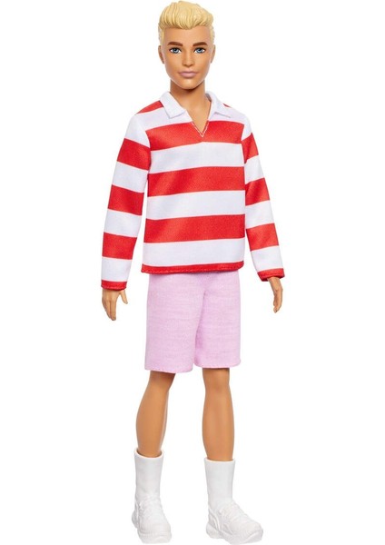 ® Bebek Kırmızı çizgili üstü, pembe şortu ve beyaz sneaker'larıyla sarışın Barbie Fashionistas Ken bebek HYV01 fiyatları