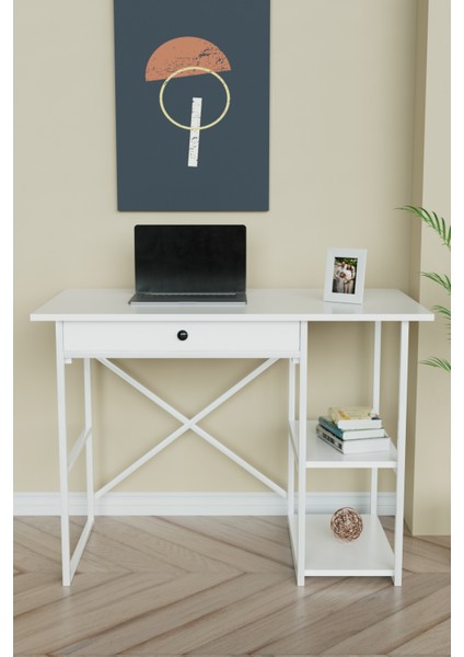 Çekmeceli ve 2 Raflı Çalışma Masası 110X60 cm Beyaz Metal - Beyaz fiyatları