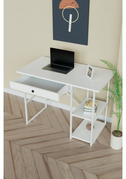 Çekmeceli ve 2 Raflı Çalışma Masası 110X60 cm Beyaz Metal - Beyaz modelleri