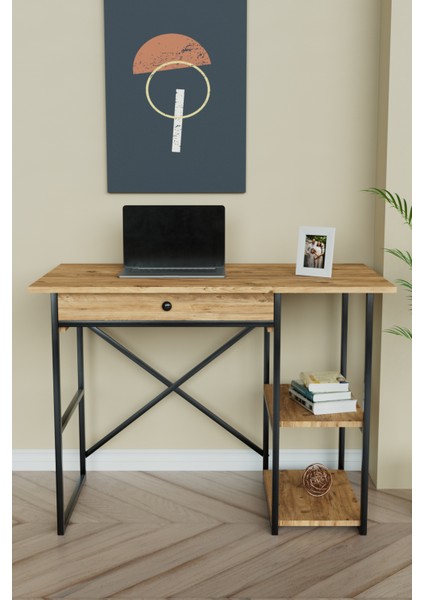Çekmeceli ve 2 Raflı Çalışma Masası 110X60 cm Siyah Metal - Ahşap fiyatları