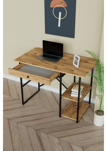 Çekmeceli ve 2 Raflı Çalışma Masası 110X60 cm Siyah Metal - Ahşap modelleri