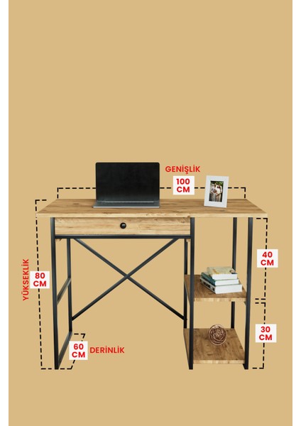 Çekmeceli ve 2 Raflı Çalışma Masası 110X60 cm Siyah Metal - Ahşap fırsatları