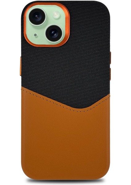 iPhone 13/ 14 Uyumlu Kumaş ve Deri Kaplamalı Kartlıklı Metal Kamera Detaylı Sahra Kılıf