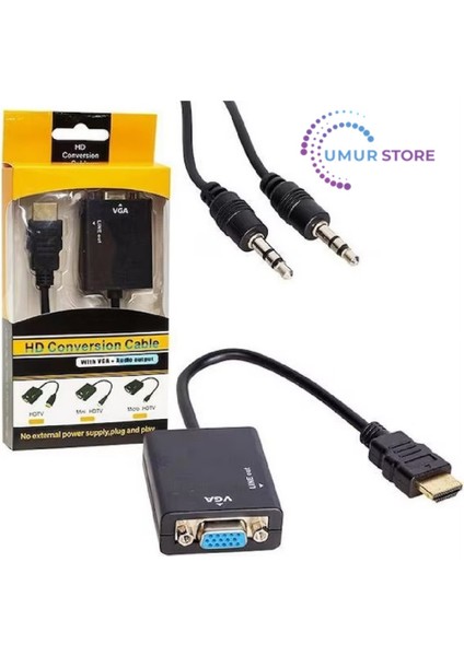 HDMI To VGA Ses Destekli 1089P Monitör Dönüştürücü Kablo Çevirici Adaptör