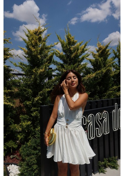 Sırtı Gipeli Boyundan Bağlamalı Gold Düğmeli Elbise indirimleri