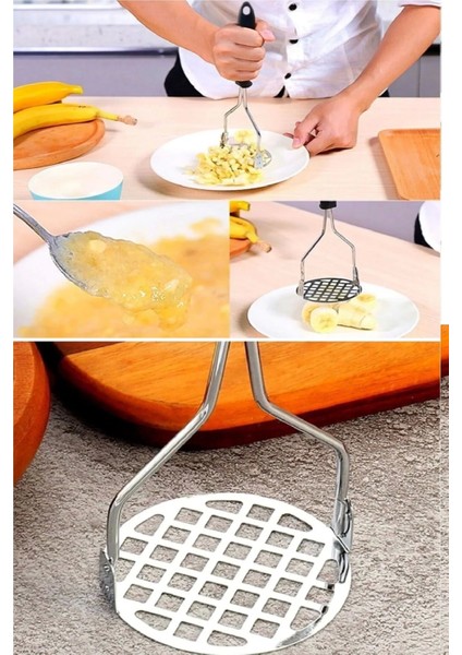 Plastik Saplı Delikli Metal Paslanmaz Patates Muz Yumurta Ezici Püre Yapıcı indirimleri