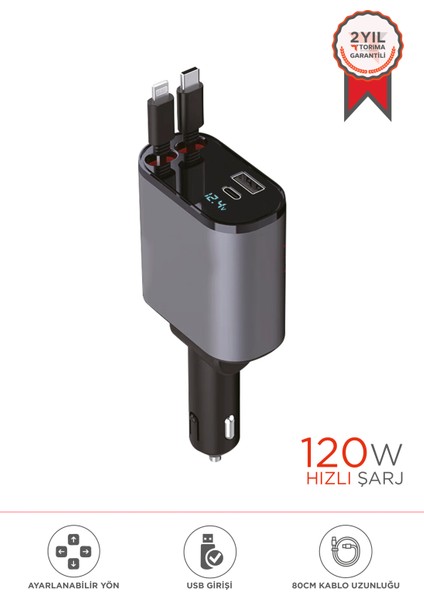 G16 120W Süper Hızlı Şarjlı Transmitter Araç Şarj Cihazı – Çift Type-C & Lightning Kablo, Dijital Göstergeli, 80CM Kablo