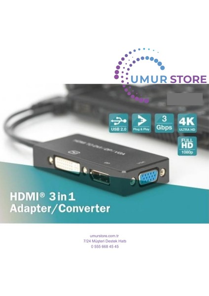 HDMI 3'den 1'e Dönüştürme Kablosu HDMI Converter Cable, HDMI - Dp+Dvı+Vga M-F/f/f, 0.2m, 3 In 1 Multi-Media fiyatları