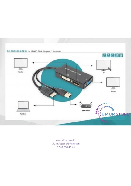HDMI 3'den 1'e Dönüştürme Kablosu HDMI Converter Cable, HDMI - Dp+Dvı+Vga M-F/f/f, 0.2m, 3 In 1 Multi-Media modelleri