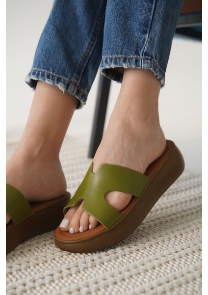 Borlina Premium Haki Yeşil Hakiki Deri Terlik modelleri