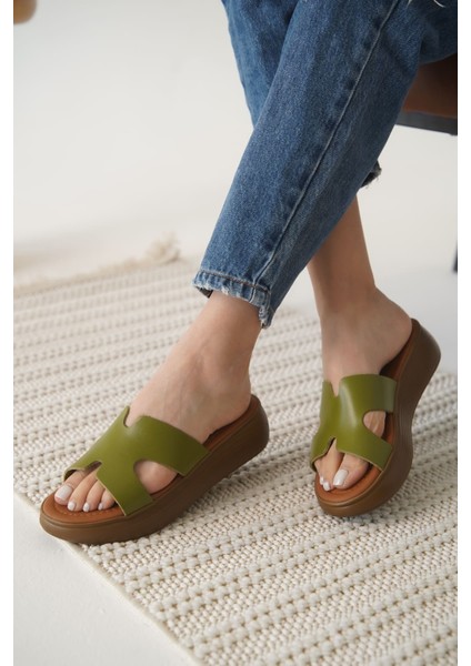 Borlina Premium Haki Yeşil Hakiki Deri Terlik indirimleri