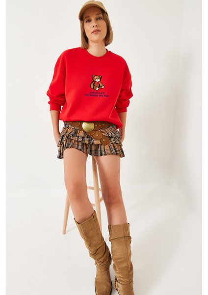 Kadın Ayıcık Baskılı Yazılı Ribanalı Basic Sweatshirt Ös fiyatları