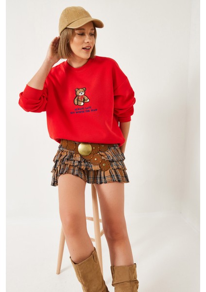 Kadın Ayıcık Baskılı Yazılı Ribanalı Basic Sweatshirt Ös modelleri