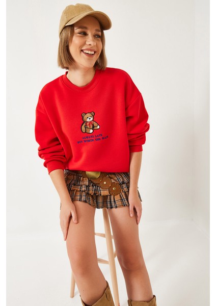 Kadın Ayıcık Baskılı Yazılı Ribanalı Basic Sweatshirt Ös fırsatları