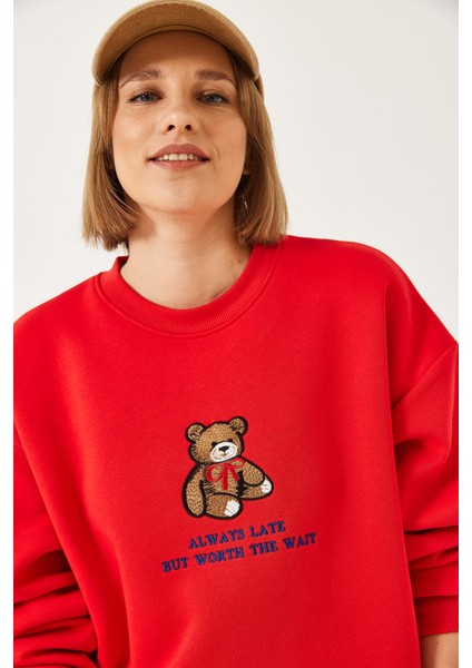Kadın Ayıcık Baskılı Yazılı Ribanalı Basic Sweatshirt Ös
