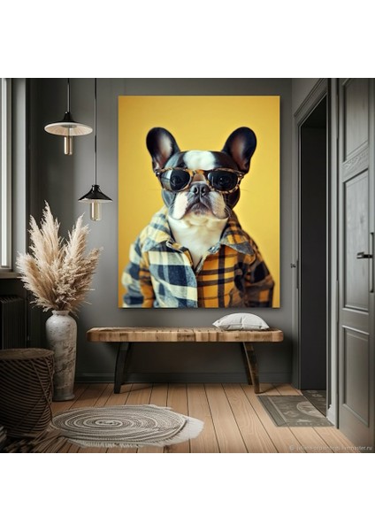 Gömlekli Köpek Ev Duvar Salon Güzellik Salonu Ofis Dükkan Dekarasyon Kanvas Tablo