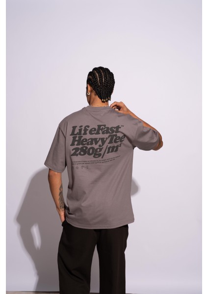 Erkek Oversize T-Shirt Life Fast Gri