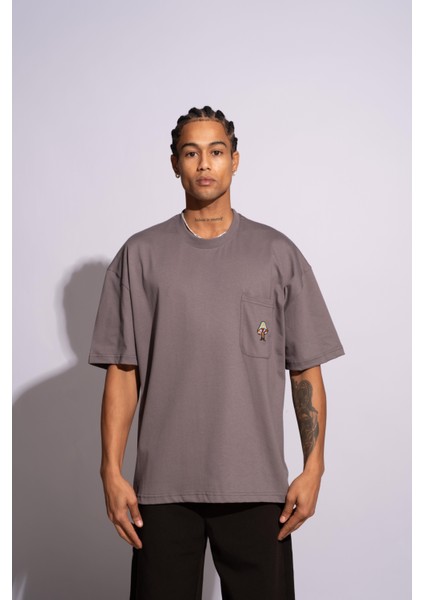 Erkek Oversize T-Shirt Mantar Gri