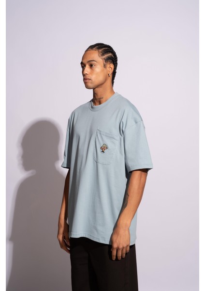 Erkek Oversize T-Shirt Mantar Mavi indirimleri