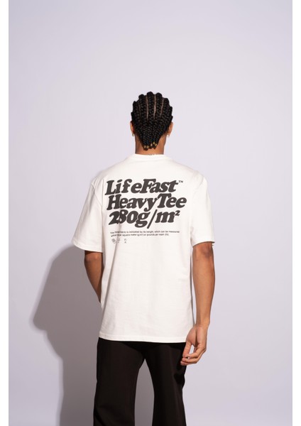 Erkek Oversize T-Shirt Life Fast Beyaz