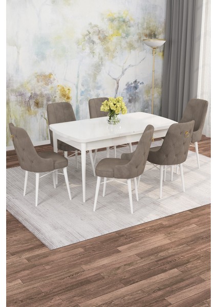 Mona Beyaz Desen 80X132 Açılabilir Mdf Masa Yemek Odası Takımı, Mutfak Takımı 6 Adet Sandalye