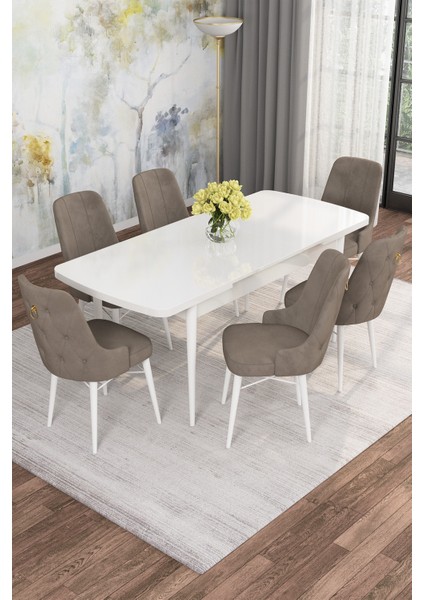 Mona Beyaz Desen 80X132 Açılabilir Mdf Masa Yemek Odası Takımı, Mutfak Takımı 6 Adet Sandalye fiyatları