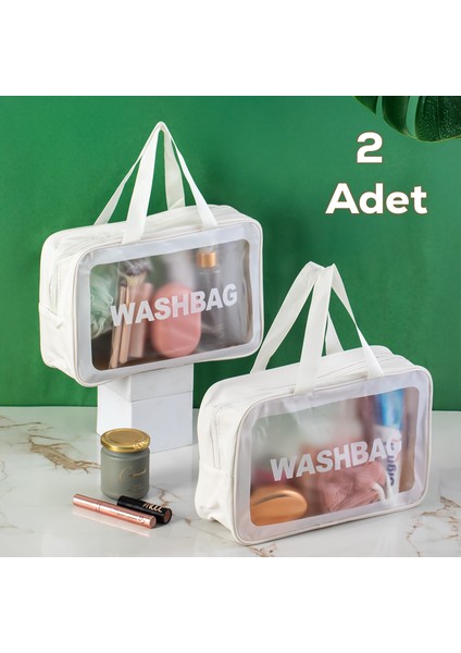 3142-1 2li Şeffaf - Beyaz Seyahat ve Makyaj Çantası Su Geçirmez Organizer Washbag 20X30CM