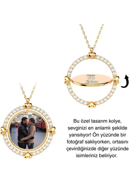 Isimli Fotoğraflı Dönen Çerçeve Altın Kaplama Gümüş Kolye