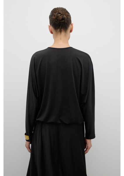 Yakası V Tokalı Beli Lastikli Yarasa Kol Bluz Siyah K2613011_001