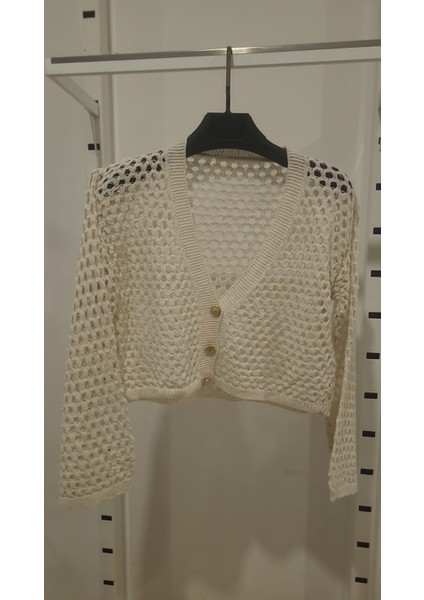 Cottoncity Bej Ajurlu Önü Düğmeli Crop Hırka