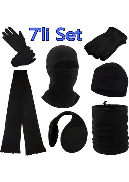 Erkek Kışlık Polar Parmaklı ve Parmaksız Eldiven Atkı Bere Boyunluk Kar Maskesi Kulaklık 7'li Set