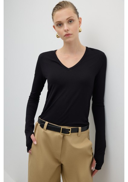 V Yaka Uzun Kol Basic T-Shirt Siyah K2623803_001