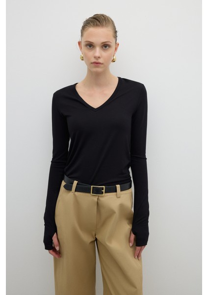 V Yaka Uzun Kol Basic T-Shirt Siyah K2623803_001 modelleri