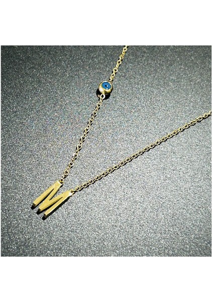 M Harfli, Nazar Figürlü, Paslanmaz Çelik Kolye 280, Altın Renk modelleri