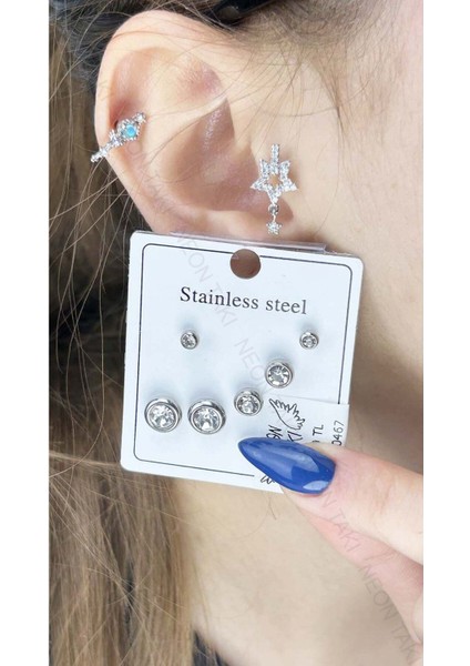 Zirkon Taşlı, Çoklu, Paslanmaz Çelik Küpe 467, Gümüş Renk