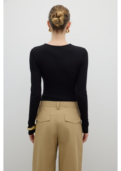 Fermuar Detaylı Büzgülü Bluz Siyah K2623002_001