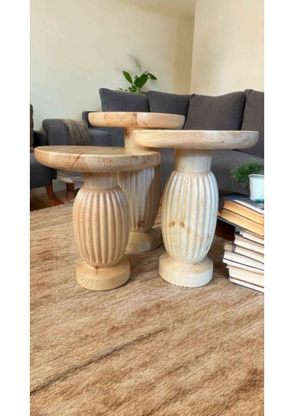 Dekoratif Ahşap Mantar Sehpa 3’lü Set – Naturel Renk Masif Fiskos Zigon Takımı