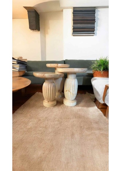 Dekoratif Ahşap Mantar Sehpa 3’lü Set – Naturel Renk Masif Fiskos Zigon Takımı modelleri