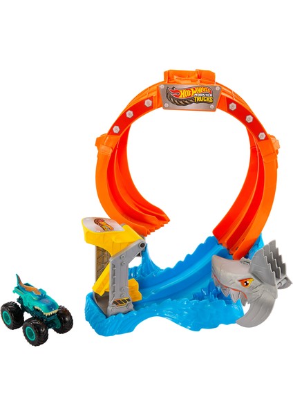 ® Monster Trucks Köpekbalığı Oyun Seti Hot Wheels Monster Trucks Köpekbalığı Oyun Seti ve 1:64 Ölçekli Mega-Wrex Aracı JFR08